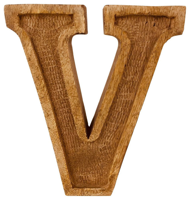 Rustic Hand Carved Wooden Embossed Letter V