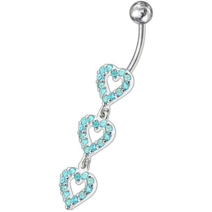 Triple Heart Dangling Fancy Multi Jeweled Curved Bar Belly Ring