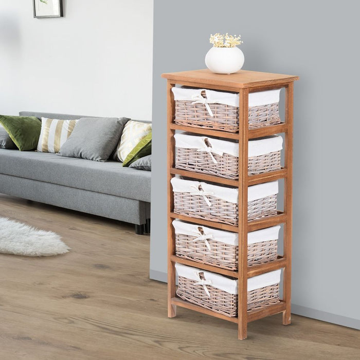 5-Drawers Storage Unit Wooden Frame W/ Wicker Woven Baskets