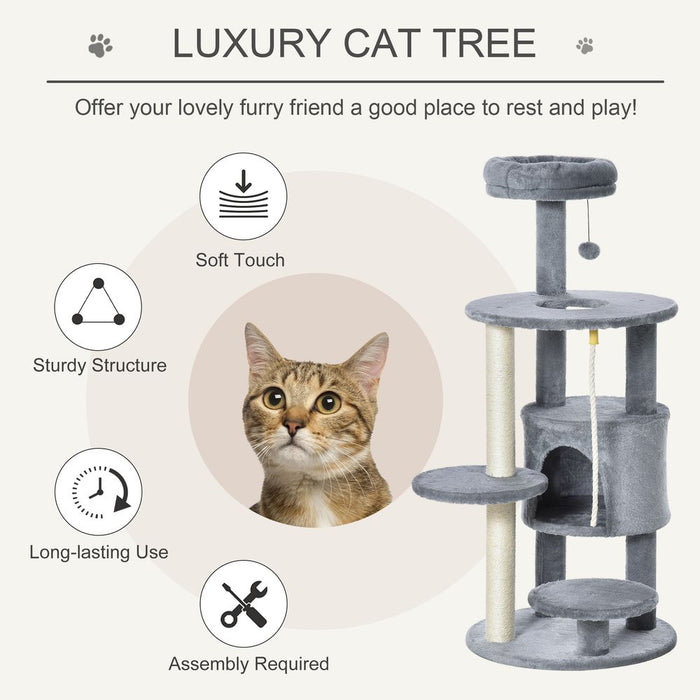 PawHut Cat Tree Tower for Indoor Cats 112cm Climbing Kitten Activity Center with Jute Scratching Post Perch Hanging Ball Toy Teasing Rope Dark grey