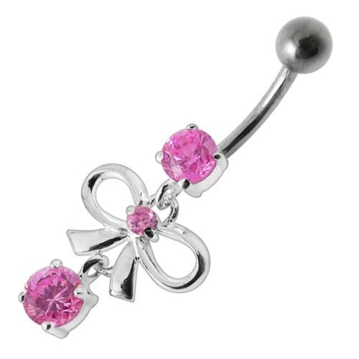 Fancy Bow Shape Jeweled Dangling Navel Ring