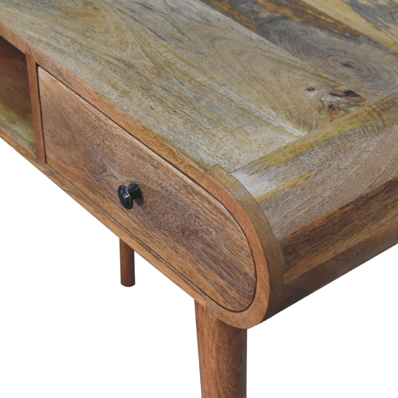 Artisan Furniture Solid Wood Curved Oak-ish Writing Desk, 1 Drawer & 1 Shelf, Beige