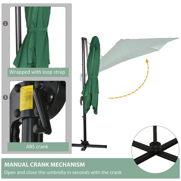 High-Quality Outsunny Cantilever Parasol - 360° Rotation, Hand Crank, UV Protection - Green