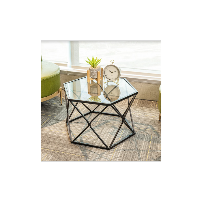 Premium Hexagon Black Coffee Side Table - Sleek Design, Tempered Glass Top