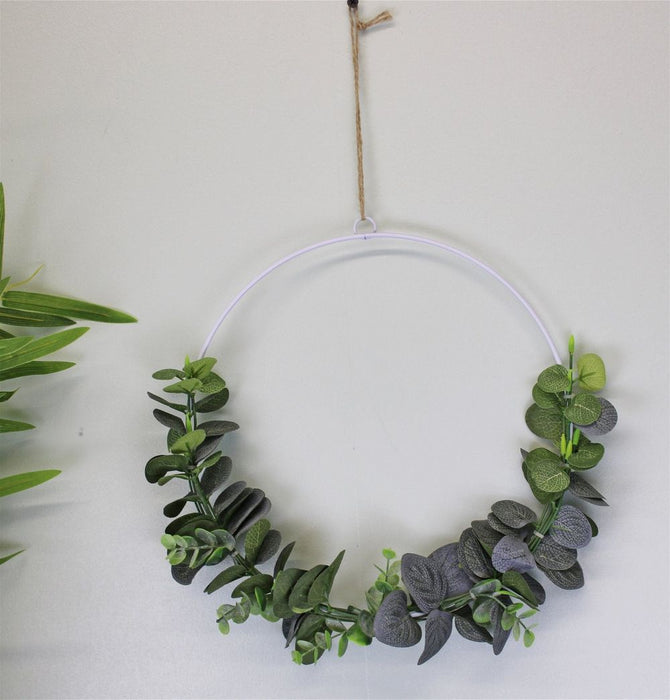 Premium White Metal Wall Hanging with Artificial Eucalyptus Leaves - Perfect Décor Piece!