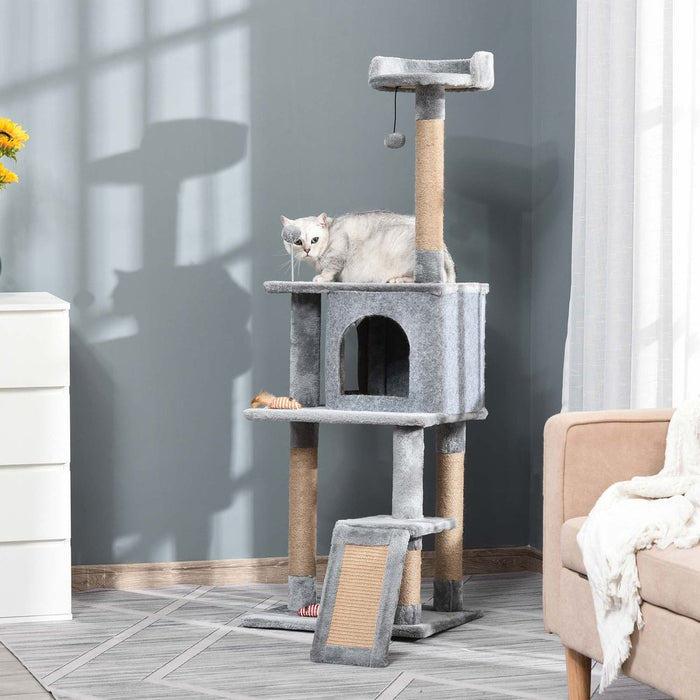 PawHut Cat Tree Tower 142cm Climbing Kitten Activity Center with Jute Scratching Post Board Perch Roomy Condo Removable Felt Hanging Toy, Grey