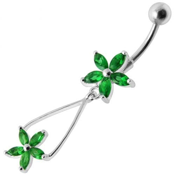 Fancy Jeweled Two Flower Silver Dangling SS Bar Navel Ring