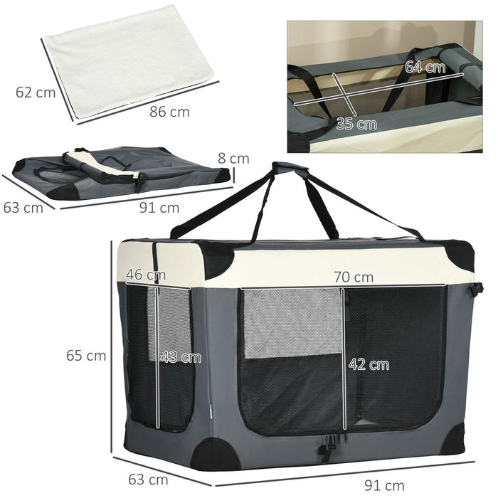 Foldable Grey Pawhut Pet Carrier - 91cm, Large Dogs and Cats, Cushion, Easy Access, Travel & Home Use