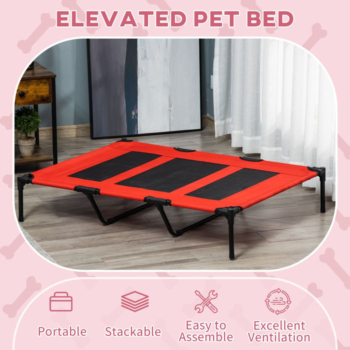 Portable Elevated Dog Bed for Indoor & Outdoor, Cooling Red Cot, Steel Frame, Breathable Mesh