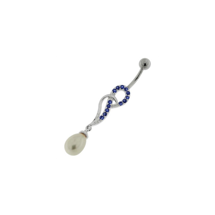 Jeweled Fancy Pearl Silver Dangling Curved Bar Belly Ring