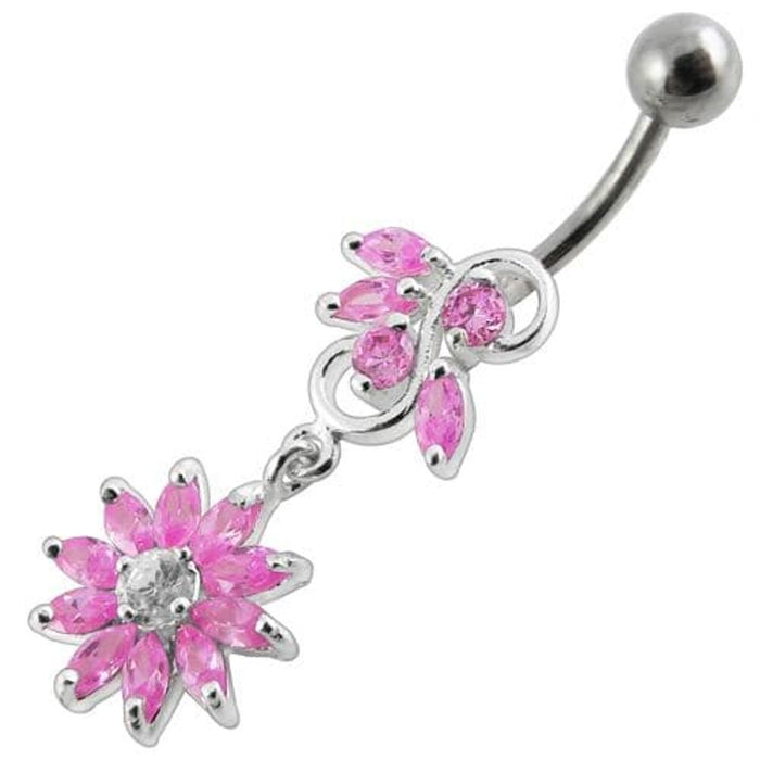 Fancy White Stone Jeweled Flower Dangling Navel Ring