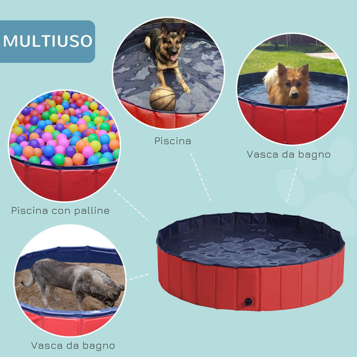 PawHut Foldable Dog Paddling Pool Pet Cat Swimming Pool Indoor/Outdoor Collapsible Summer Bathing Tub Shower Tub Puppy Washer (Φ100 x 30H cm, Red),D01-012RD