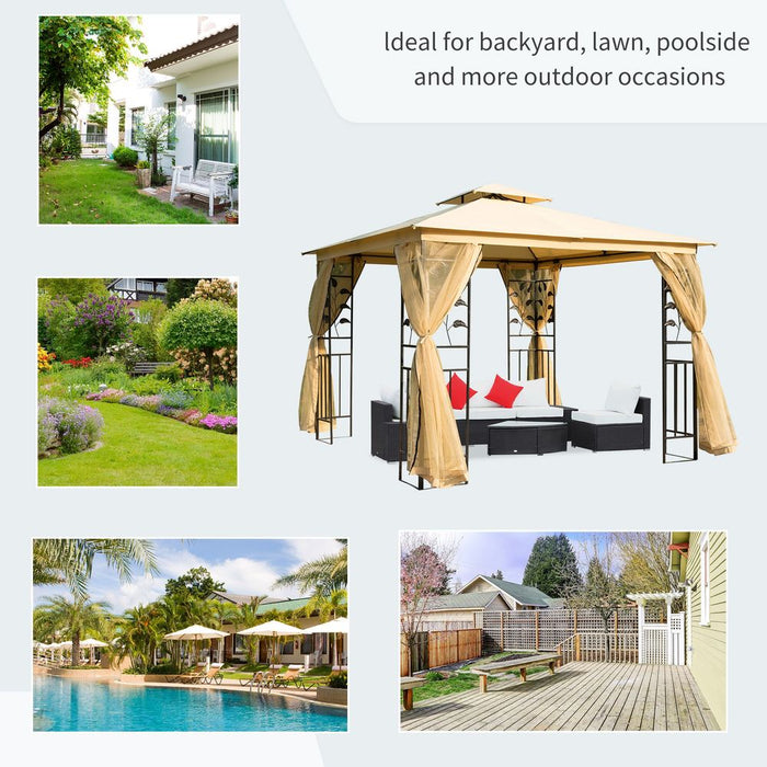 3x3m Double Top Gazebo-Beige. Ideal for parties, weddings, picnics & more. Sturdy, stylish design w/ mesh sidewalls. UV resistant & easy to assemble.