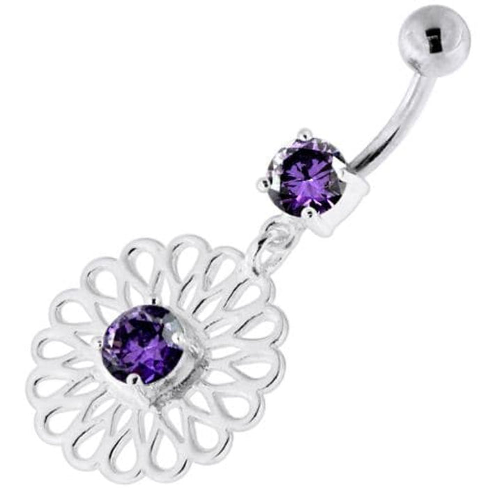 Center Jeweled Fancy Flower Pattern Navel Belly Piercing