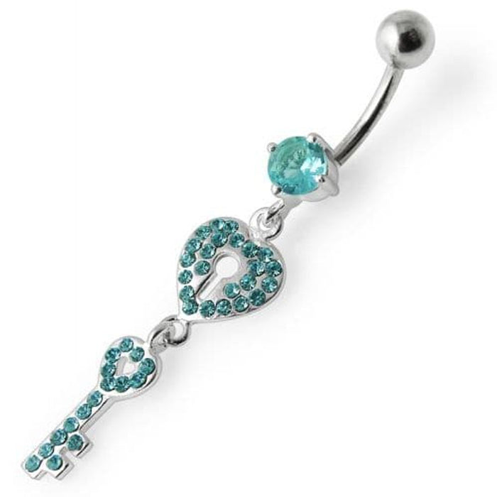 Fancy Jeweled Hear Key Dangling Navel Ring