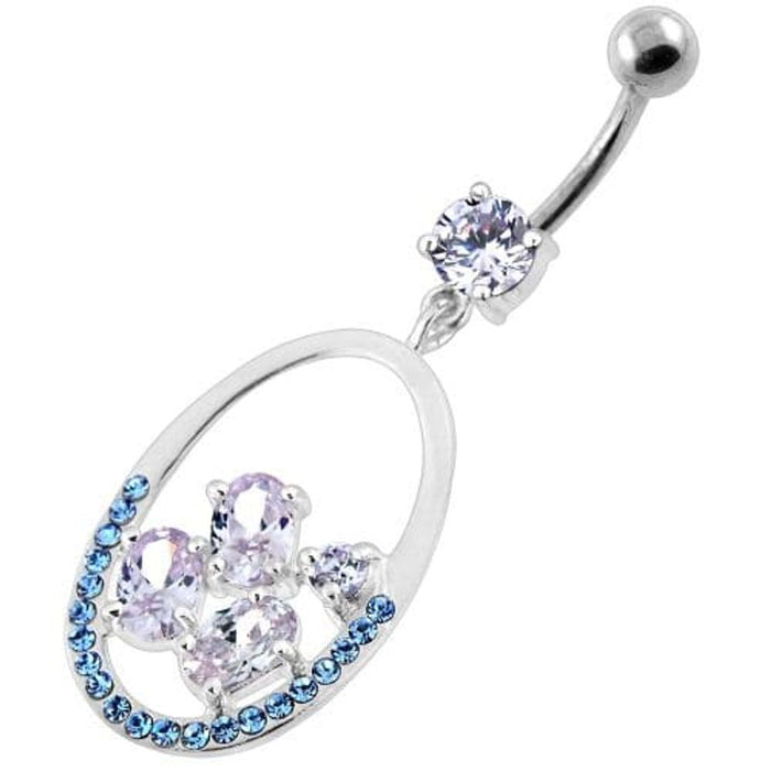 925 Sterling Silver Jeweled Oval Cut out Belly Ring