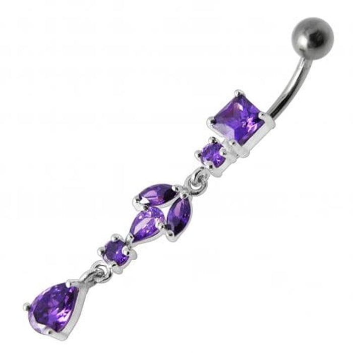 Fancy Multi Stone Jeweled Dangling Banana Bar Belly Button Ring