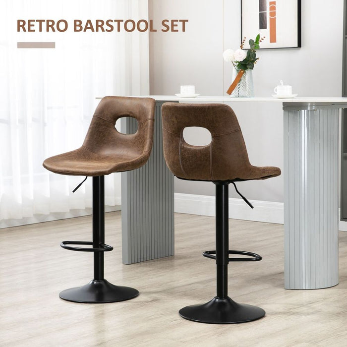 Premium Retro Bar Stools - Set of 2 | Adjustable Height | Swivel | Leather-Like | Brown