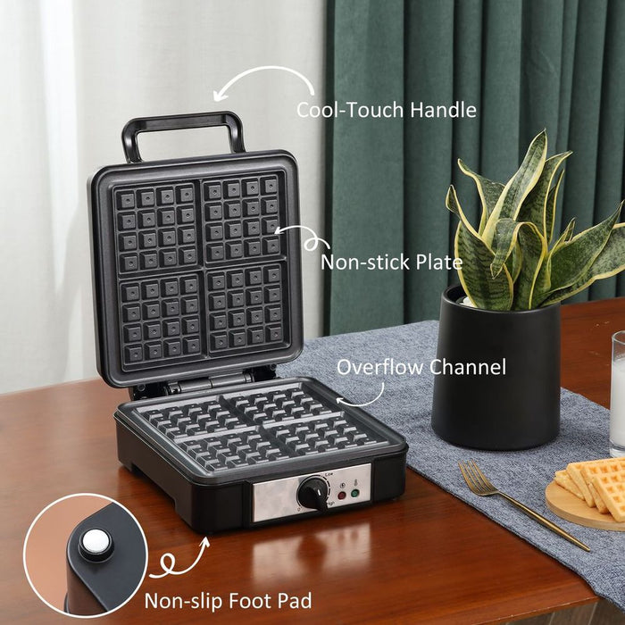 Premium Cast Iron Waffle Maker - Cook 4 Delicious Waffles at Once - Non-Stick Coating - Adjustable Temperature - 1200W