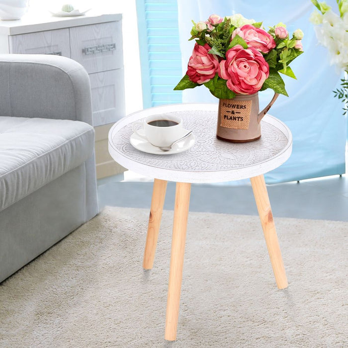 Elegant Floral Etched Pine Wood Side Table- White