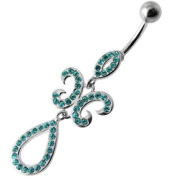 Fancy Studded Jeweled Dangling SS Bar Belly Ring