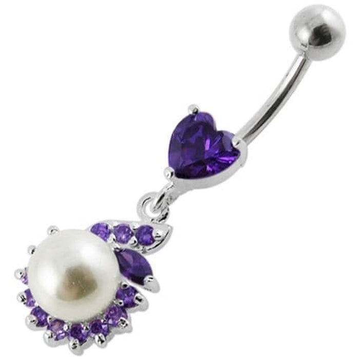 Jeweled Heart Pearl Dangling Navel Ring