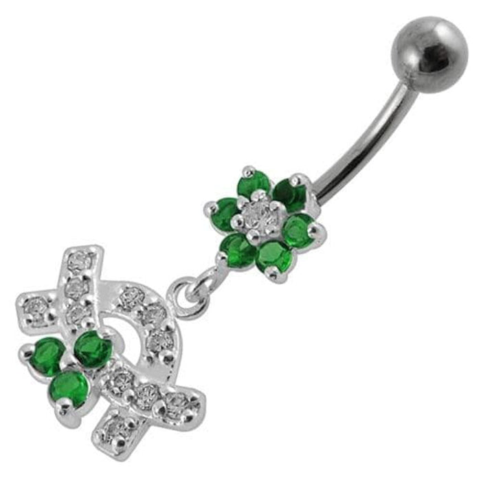 Jeweled Curve With Flower Silver Dangling Banana Bar Navel Belly Ring