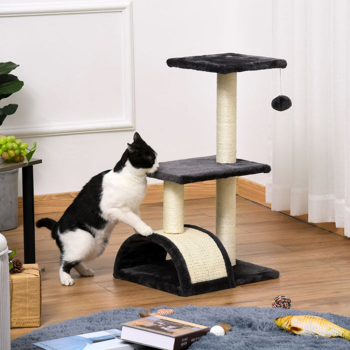 PawHut Cat Tree Tower for Indoor Cats, 72cm Climbing Activity Centre w/Sisal Scratching Post, Pad, Arc Perch, Hanging Ball, Toy - Black