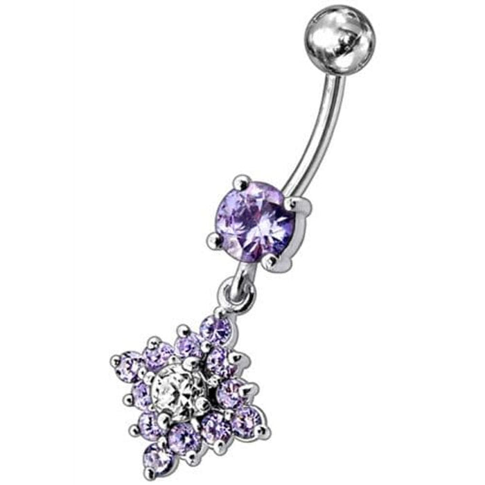 Flower Belly Navel Ring Fancy CZ Gemmed Dangle Button