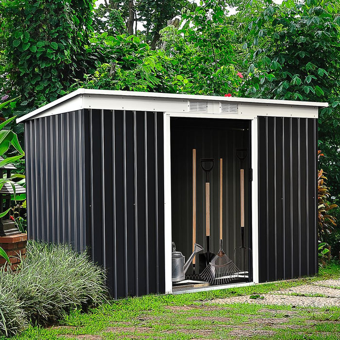 Outsunny 9ft x 4ft Metal Garden Shed, Outdoor Tool House with Foundation Kit, Ventilations and Double Doors, Dark Grey