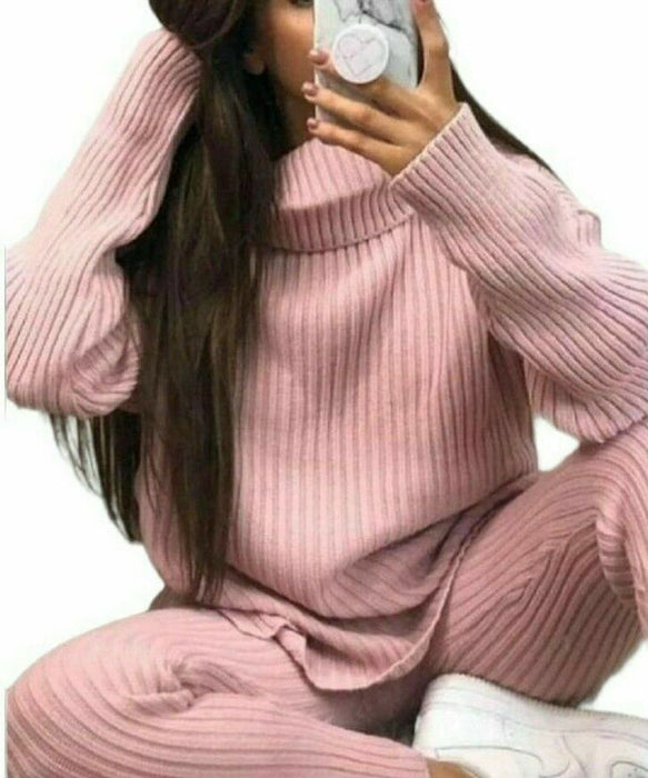 Ladies Chunky Knitted Ribbed Polo High Neck Top Leggings Loungewear Suit Set