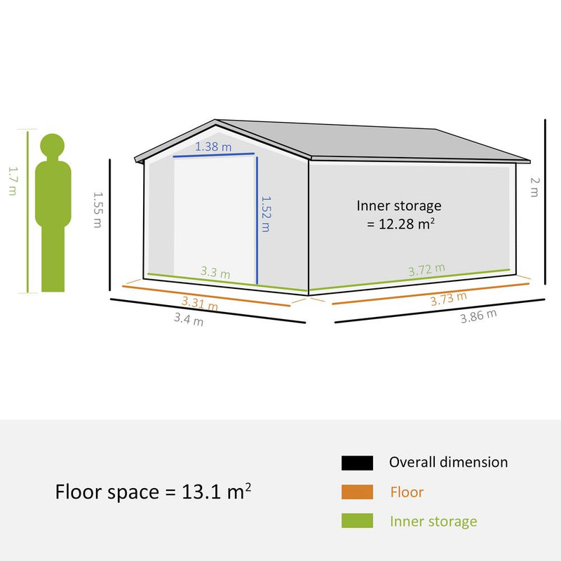 Durable Green Metal Storage Shed with Vent & Doors - 13ft x 11ft
