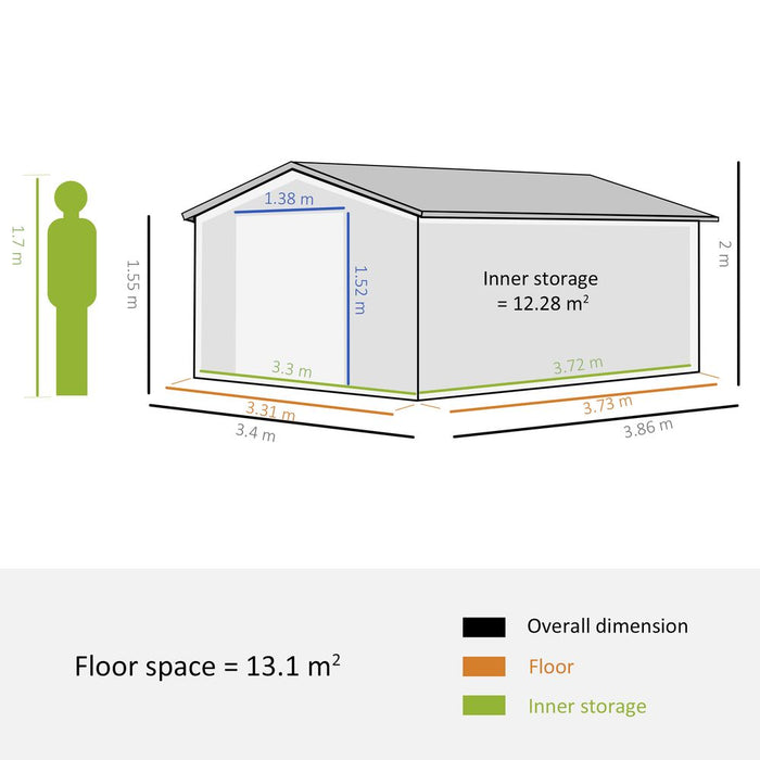 Durable Green Metal Storage Shed with Vent & Doors - 13ft x 11ft