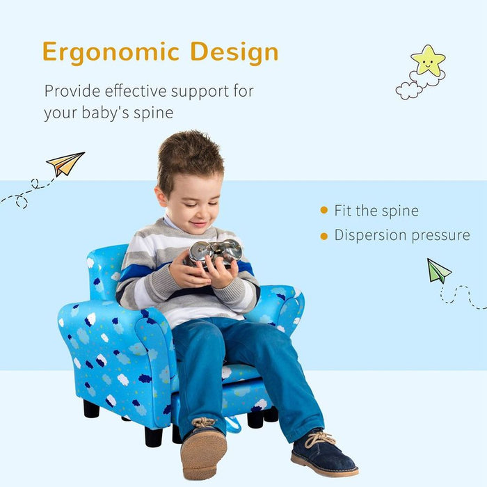 HOMCOM Cute Cloud Star Child Armchair Seat Wood Frame w/ Footrest Padding Blue