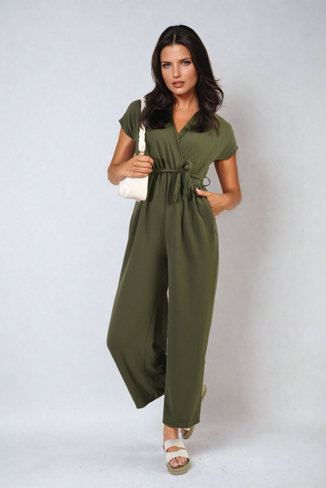 Belted V Neck Jumpsuit with Side Pockets