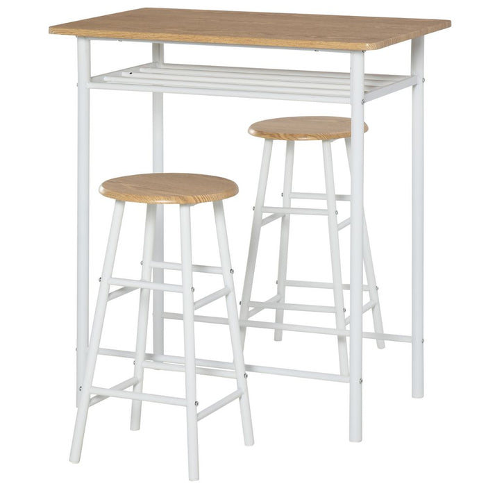 3Pc Bar Height Dining Set: White Oak; 3-Piece Kitchen Furniture for Small Spaces; Steel Frame; High-Quality MDF Tops