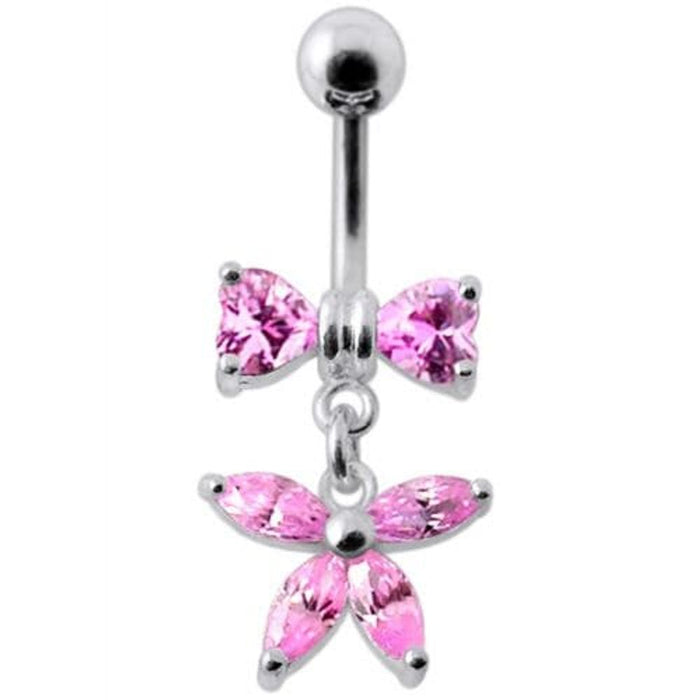 Fancy Jeweled Butterfly with Bow Dangling Surgical Grade Steel Belly Ring