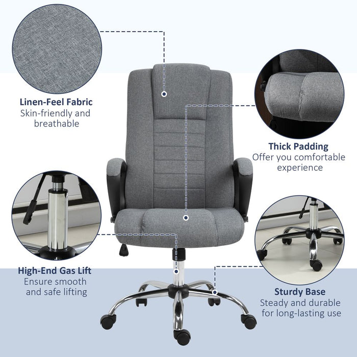 Vinsetto Office Chair, Linen Fabric Desk Chair, Height Adjustable Computer Chair with Padded Armrests, Swivel Wheels and Tilt Function, Grey