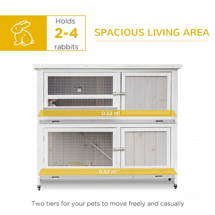 PawHut 2-Tier Double Decker Rabbit/Guinea Pig Hutch Wooden Bunny Cages with Sliding Tray, Ramp and Wheel, Cover - (Grey)