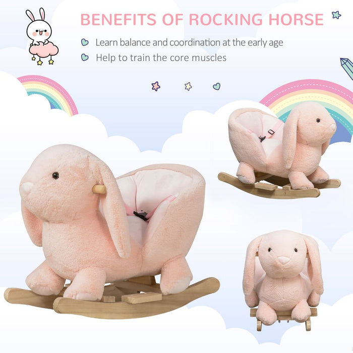 HOMCOM Kids Children Rocking Horse Plush Ride On Rabbit Seat w/Sound Wood Base Seat Safety Belt Toddler Baby Toy Rocker Pink 18-36 Months