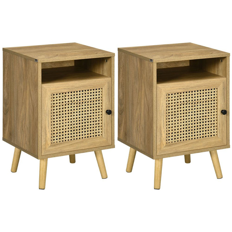 HOMCOM Nightstand, Rattan Bedside Table, Sofa Side Table w/ Cabinet, Shelf