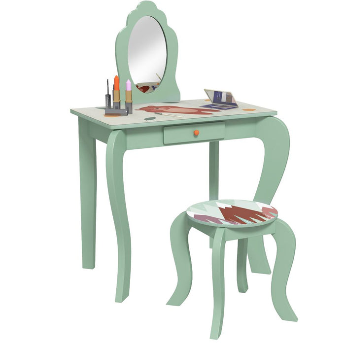 ZONEKIZ Kids Dressing Table with Mirror Stool Drawer Cute Animal Design Green