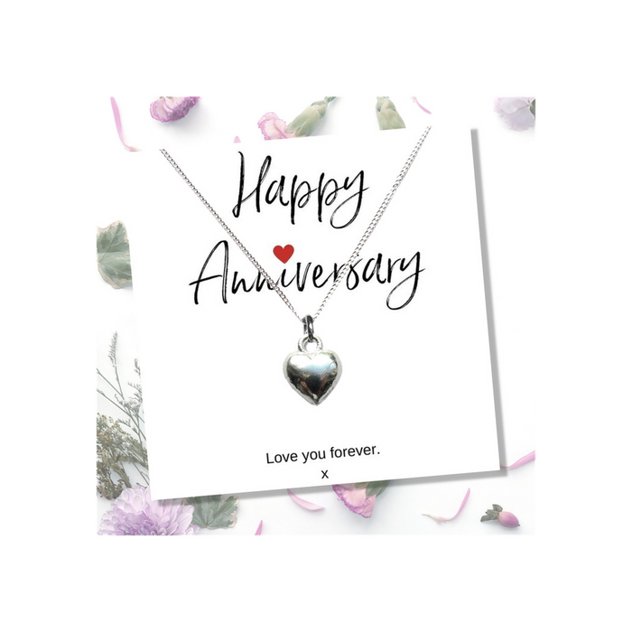 Heart Necklace & Anniversary Card - Beautiful & Meaningful Gift for Your Loved One - Silver Puff Heart - Free Gift Box!