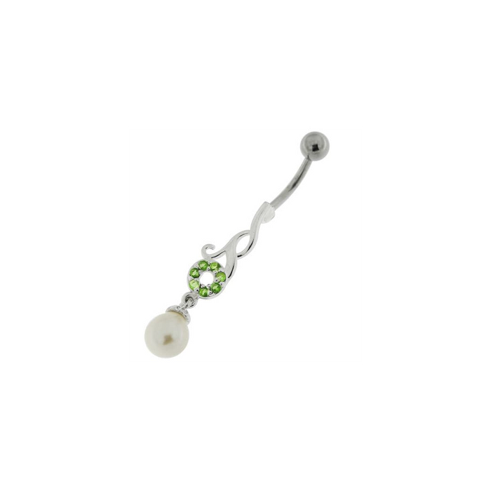 Jeweled Fancy Pearl Dangling Steel Banana Bar Navel Belly Ring