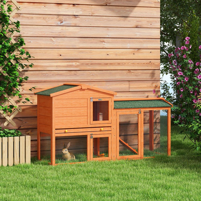 PawHut Wooden Rabbit Hutch with Run, Ramp, Slide-out Tray