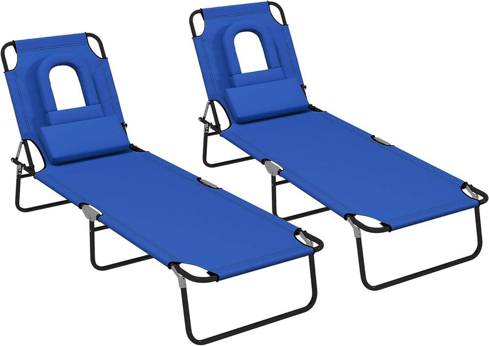 Outsunny Folding Sun Lounger Set of 2 Reclining Chair with Reading Hole Beige