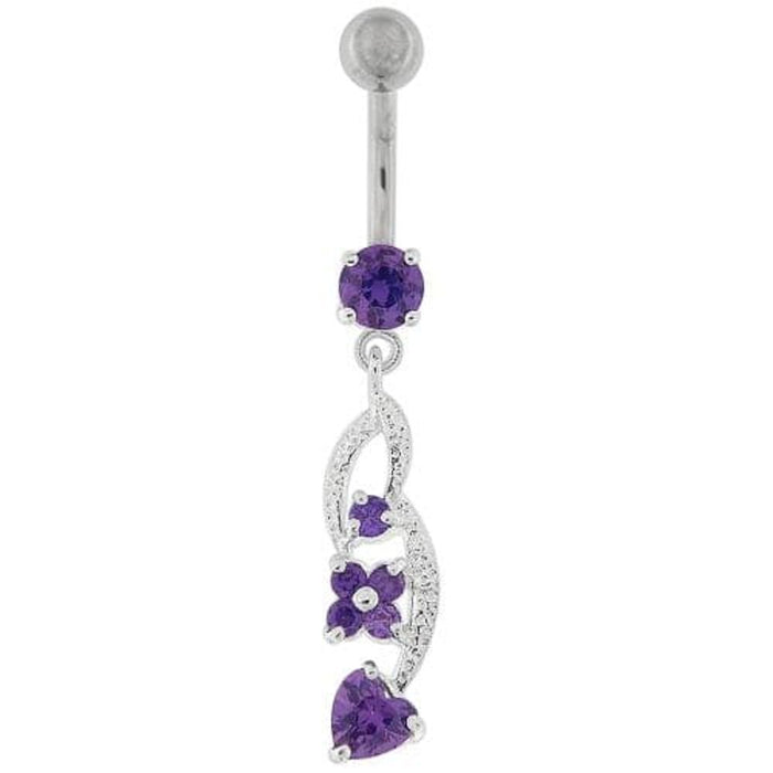 Flower with Heart Dangling Navel Belly Button Ring