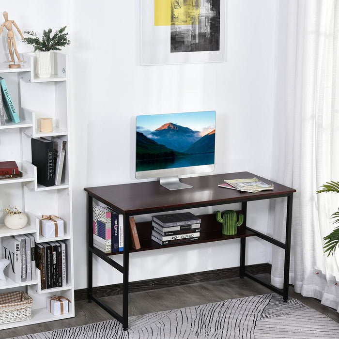 Premium 2-Tier Writing Desk: Metal Frame, Smooth Shelves, Storage Shelf - Brown