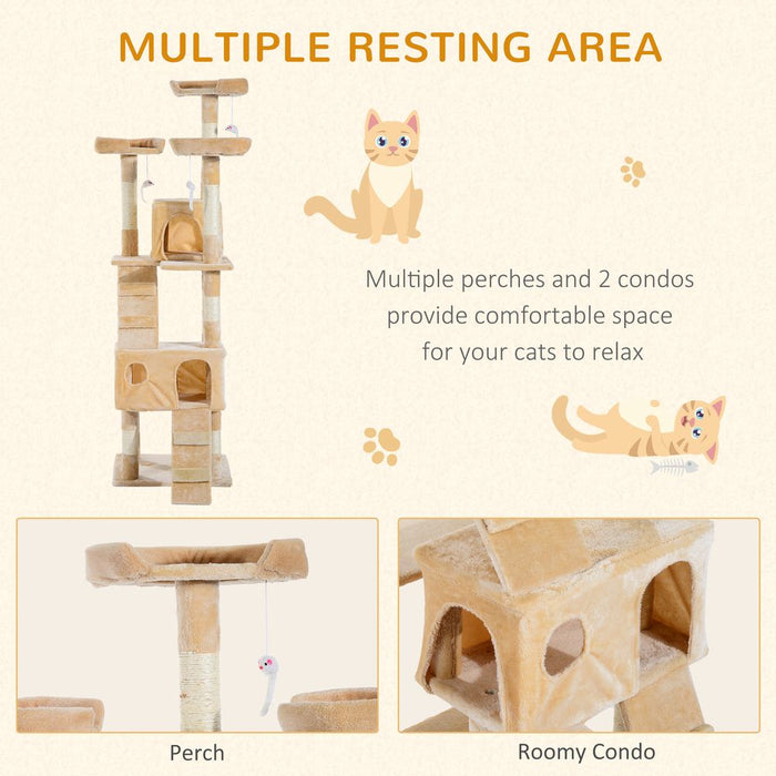 PawHut Cat Tree for Indoor Cats, 170cm Cat Tower Scratching Post Tall Climbing Tower, Activity Centre House - Cream