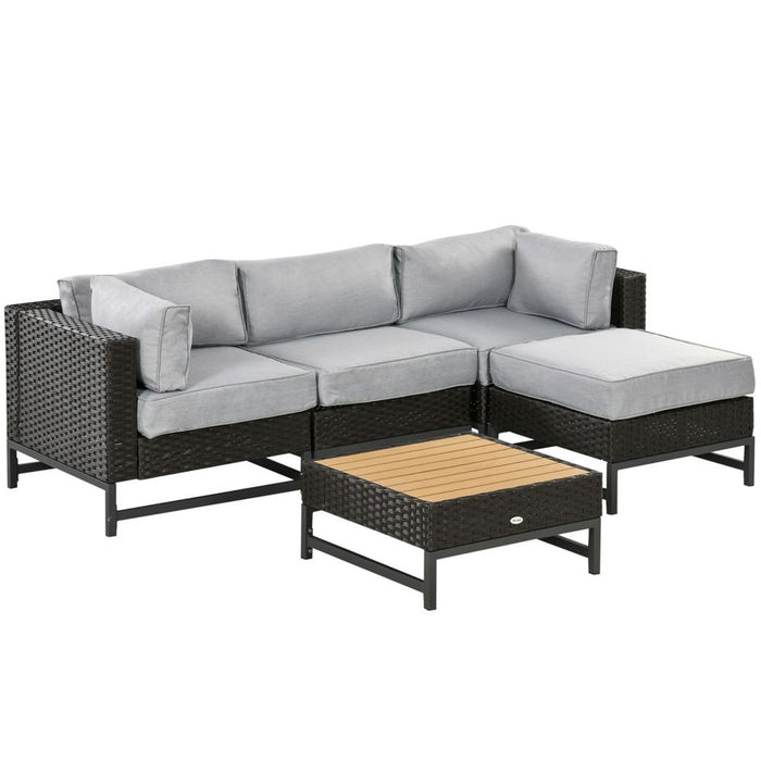 5 PC Rattan Corner Sofa Set - Wood Grain Plastic Top Table - Comfortable Cushions - High-Quality